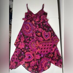 Bandolino Handkerchief Ruffle Pink Purple Floral Paisley Chiffon Midi Dress Sz 4